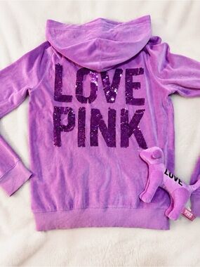 EARLY 2000s PINK VS Velour “LOVE PINK” Sequin Hoodie + Mini Dog Bundle Y2K